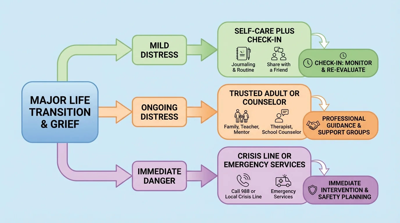 flowchart with three support paths labeled mild distress, ongoing distress, and immediate danger, leading to self-care plus check-in, trusted adult or counselor, and crisis line or emergency services