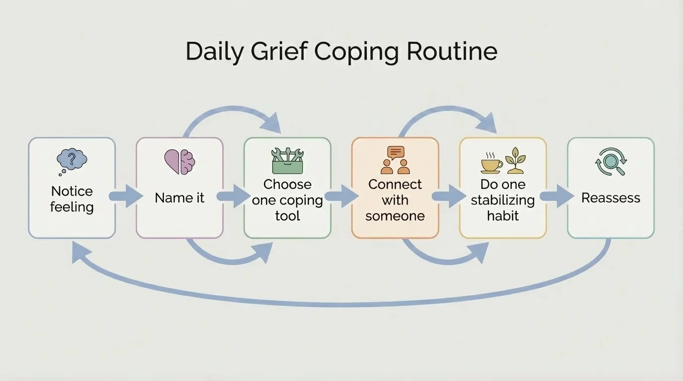 flowchart showing a daily grief coping routine with boxes labeled notice feeling, name it, choose one coping tool, connect with someone, do one stabilizing habit, and reassess