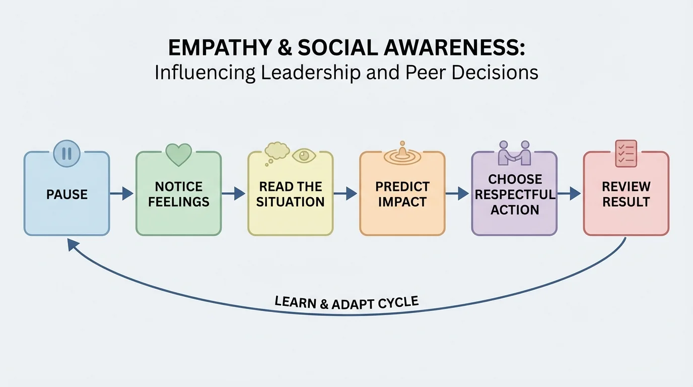 flowchart with six boxes labeled pause, notice feelings, read the situation, predict impact, choose respectful action, and review result, connected by arrows