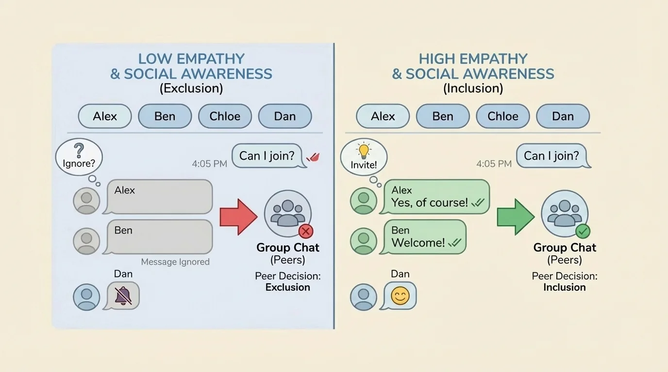 split-view teen group chat on a phone screen, one side showing exclusion and ignored messages, the other side showing respectful acknowledgment and inclusion