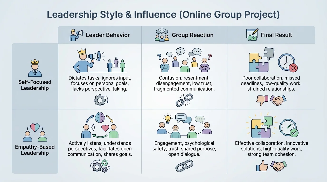 chart comparing self-focused leadership and empathy-based leadership in an online group project, with columns for leader behavior, group reaction, and final result