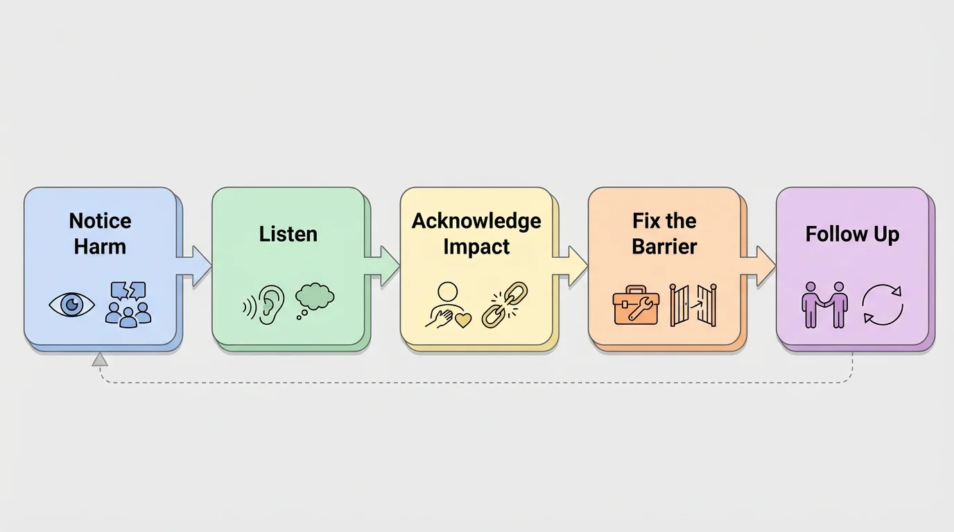 flowchart showing repair steps after exclusion with boxes notice harm, listen, acknowledge impact, fix the barrier, follow up