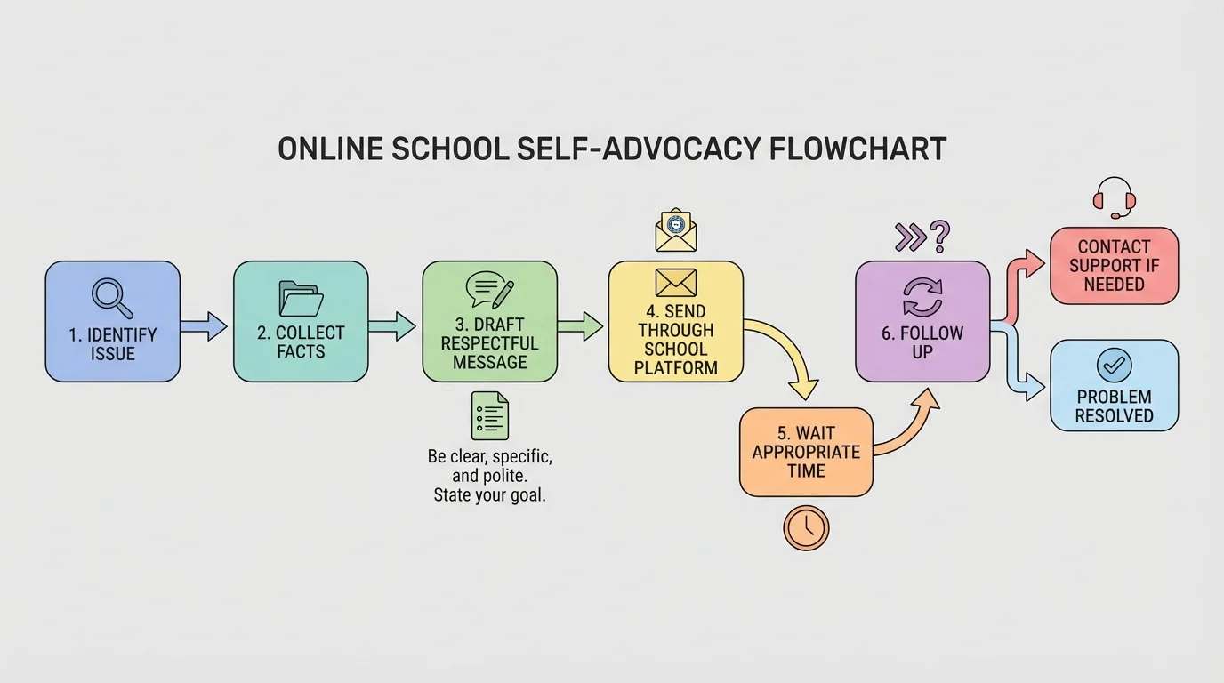 flowchart for online school self-advocacy showing identify issue, collect facts, draft respectful message, send through school platform, wait appropriate time, follow up, and contact support if needed