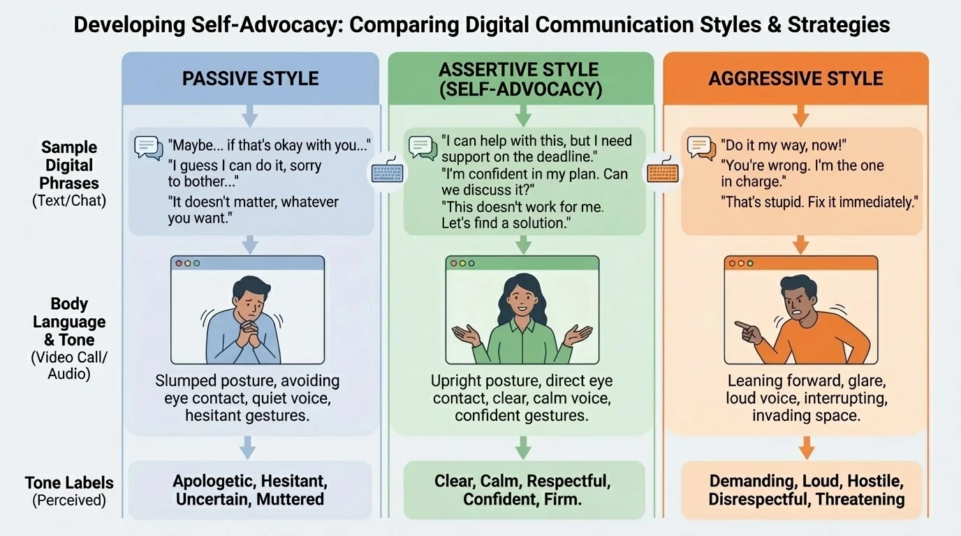 chart comparing passive, assertive, and aggressive digital message styles with sample short phrases, body language cues for video calls, and tone labels
