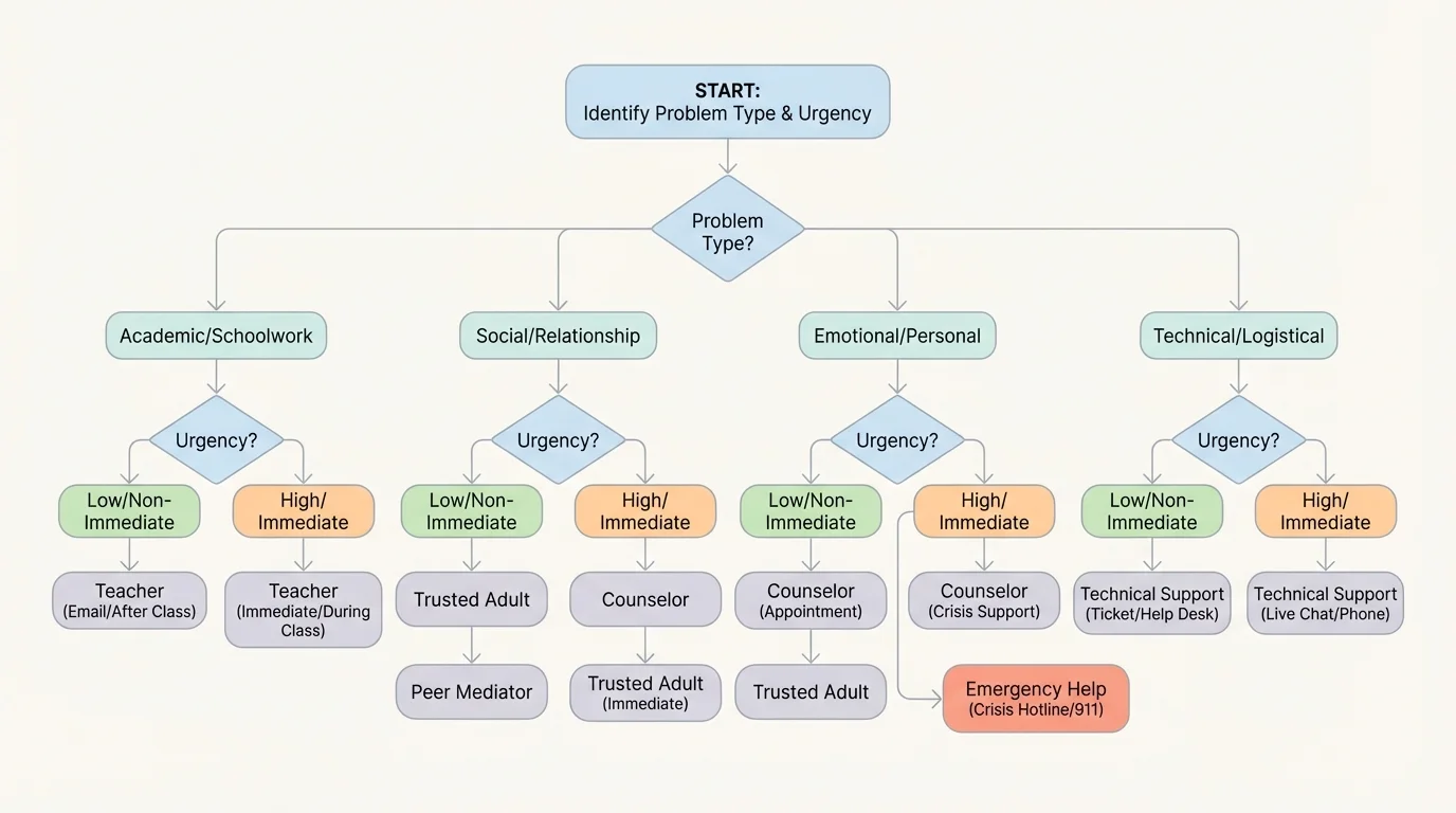 flowchart showing support-seeking choices based on problem type and urgency, with paths for teacher, trusted adult, counselor, technical support, and emergency help