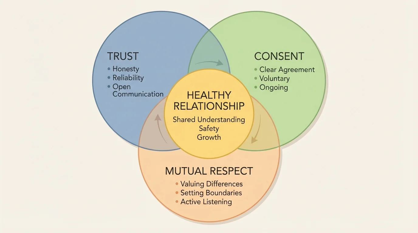 Venn-style diagram showing trust, consent, and mutual respect overlapping around a healthy relationship