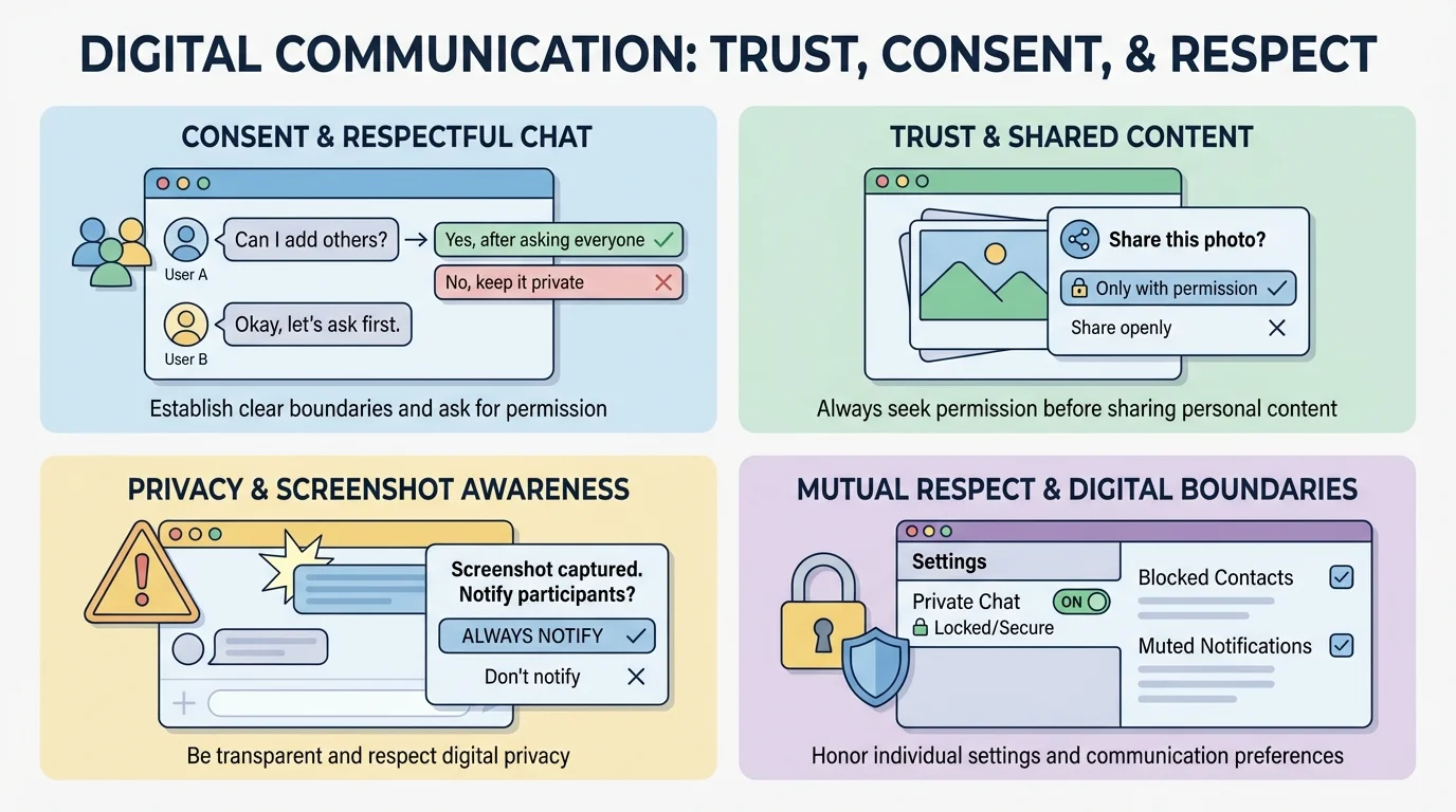 Illustration of a phone screen with group chat, photo-sharing, screenshot warning, and privacy lock icons representing respectful digital choices