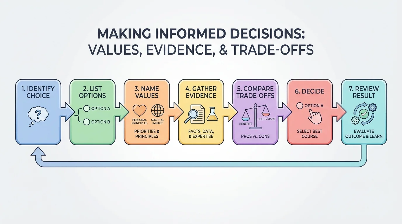 step-by-step decision process with boxes labeled identify choice, list options, name values, gather evidence, compare trade-offs, decide, review result