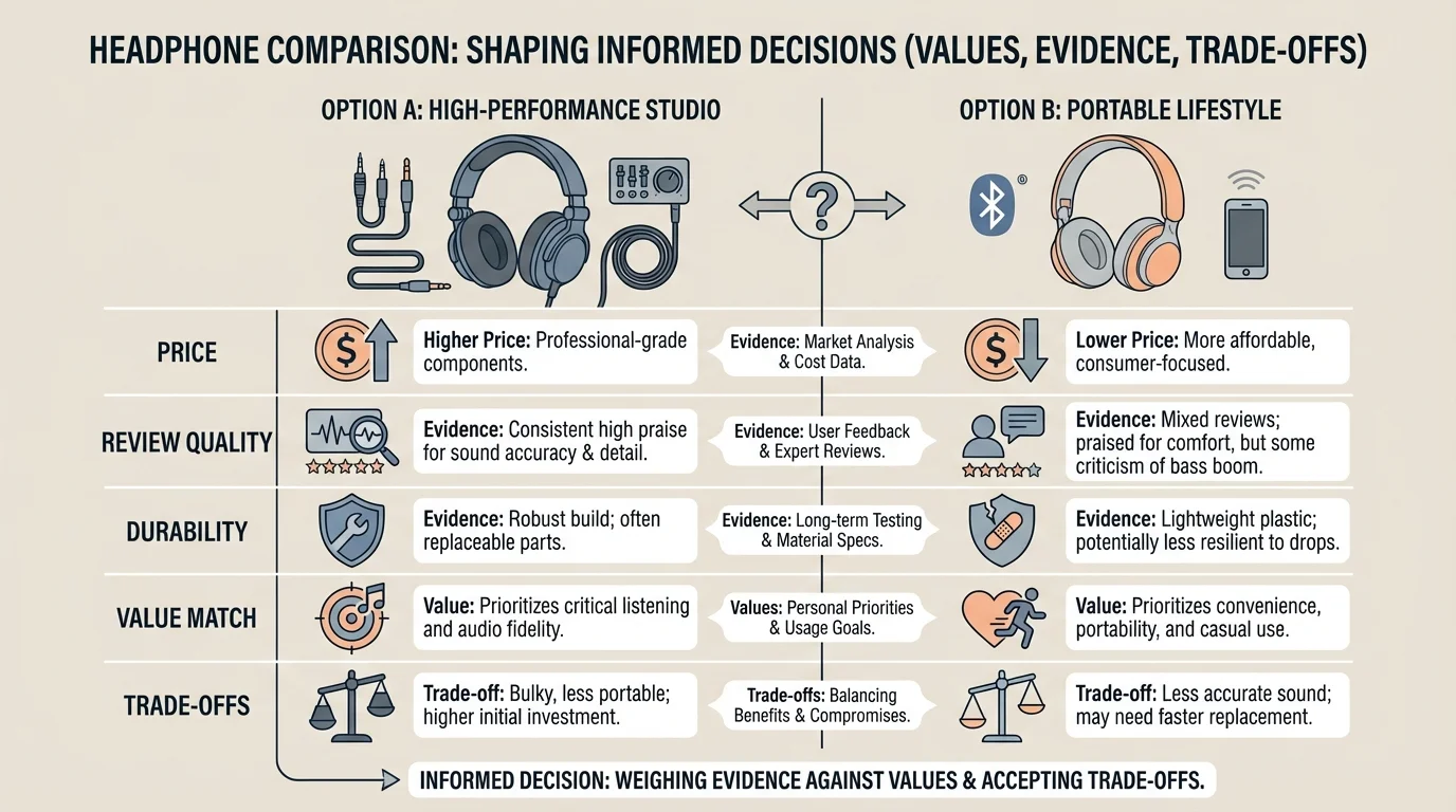 comparison chart of two headphone options with rows for price, review quality, durability, value match, and trade-offs
