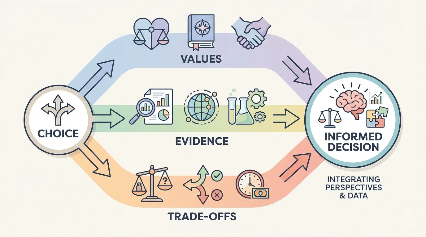 choice in the center with three branches labeled values, evidence, and trade-offs leading to a final informed decision
