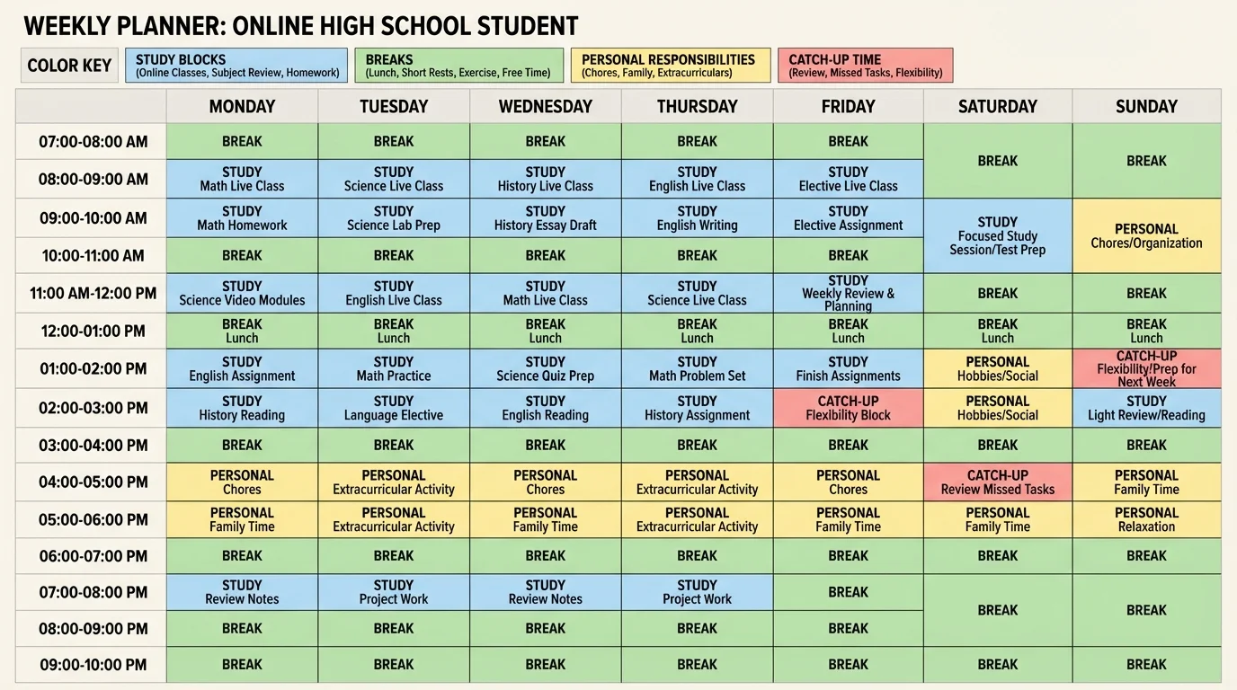 chart of a weekly planner for an online student with color-coded study blocks, breaks, personal responsibilities, and catch-up time