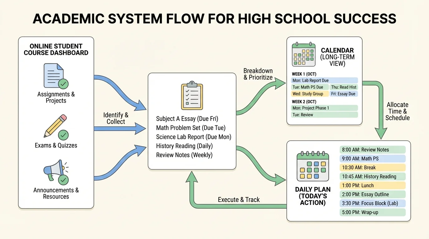 flowchart showing an online student's course dashboard checks feeding into a master task list, then into a calendar and a daily plan