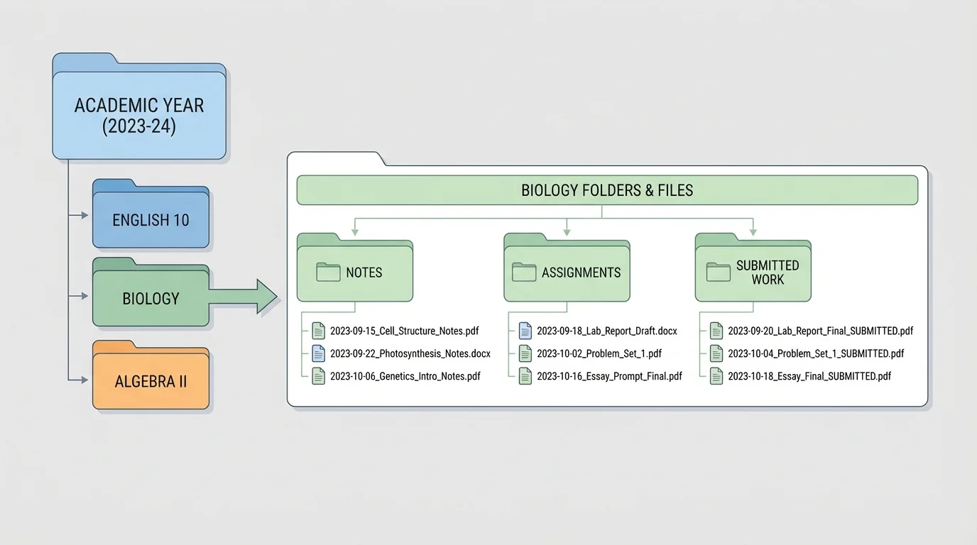 diagram showing digital course folders with subfolders for notes, assignments, and submitted work, plus examples of clear file names with dates