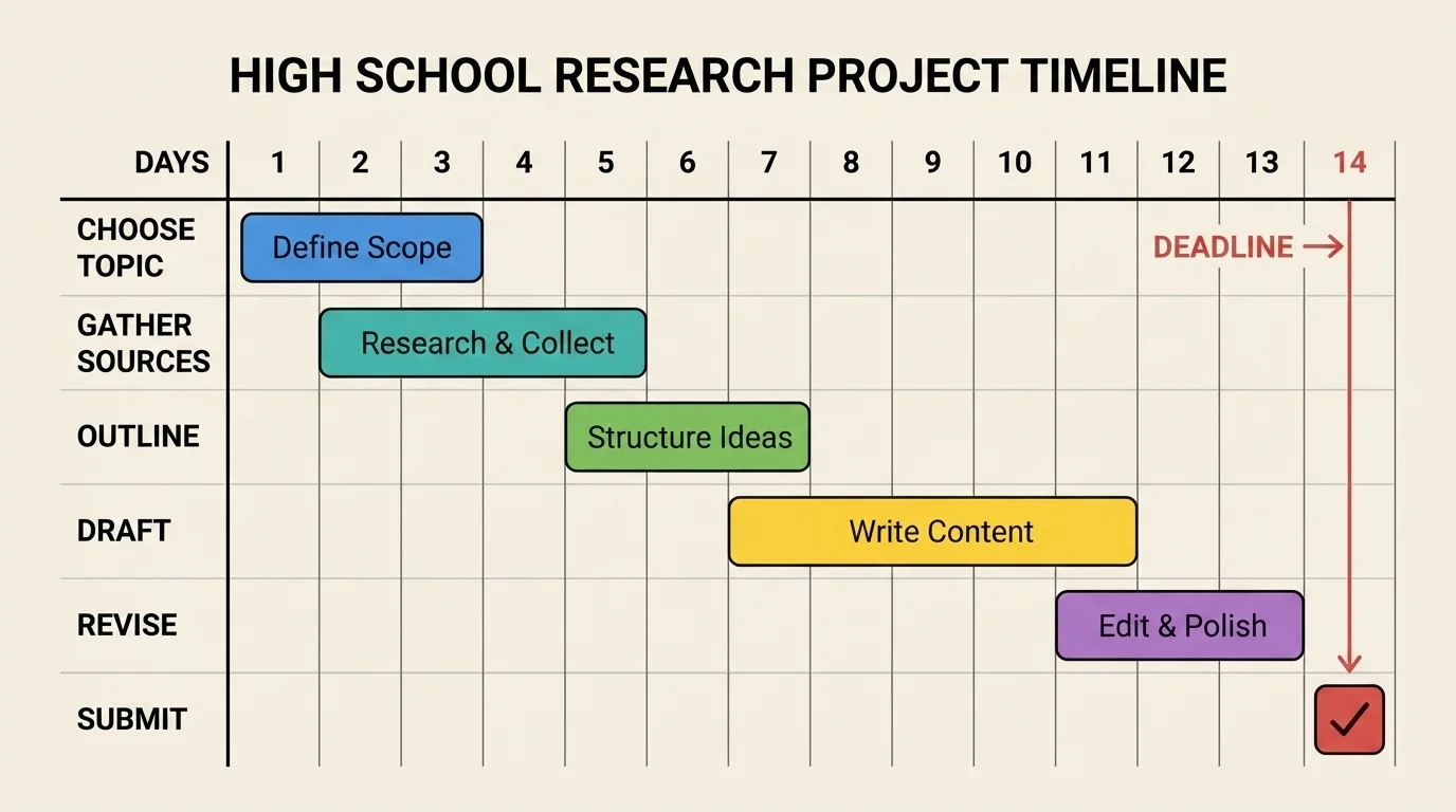 chart showing a research project split into choose topic, gather sources, outline, draft, revise, and submit across several days