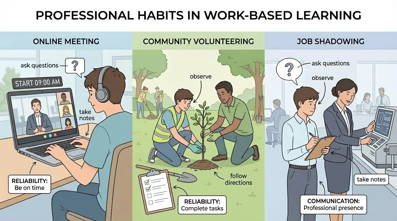 teen in three work-based learning settings—online meeting, community volunteering, and job shadowing—with labels observe, ask questions, take notes, follow directions