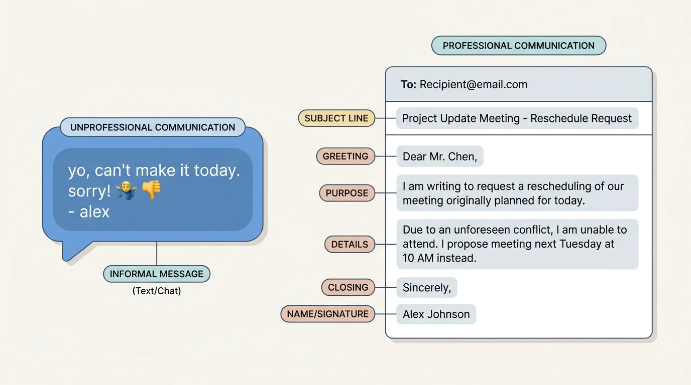 side-by-side comparison of an unprofessional text-style message and a professional email with labels for subject line, greeting, purpose, details, closing, and name