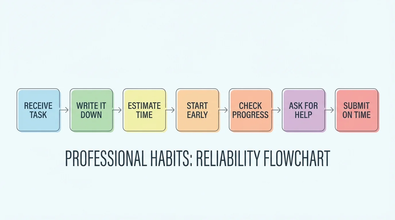 flowchart for reliability with boxes labeled receive task, write it down, estimate time, start early, check progress, ask for help, submit on time