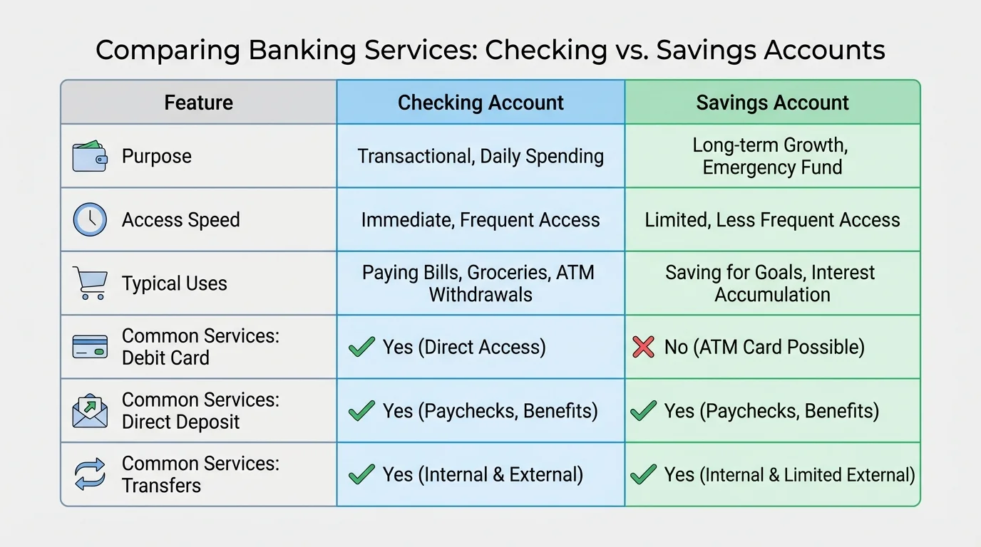 chart comparing checking and savings accounts with rows for purpose, access speed, typical uses, and common services like debit card, direct deposit, and transfers