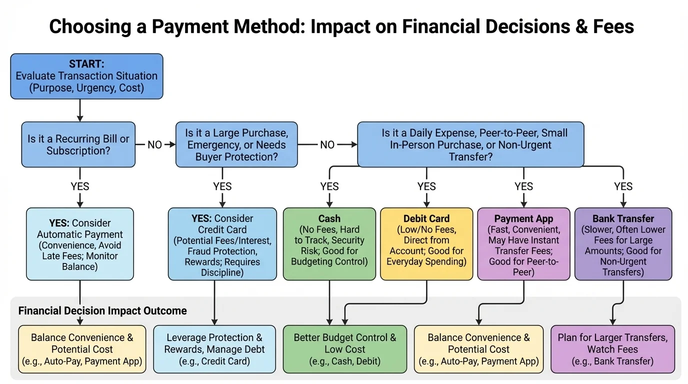 flowchart for choosing among cash, debit card, credit card, bank transfer, payment app, or automatic payment based on situation