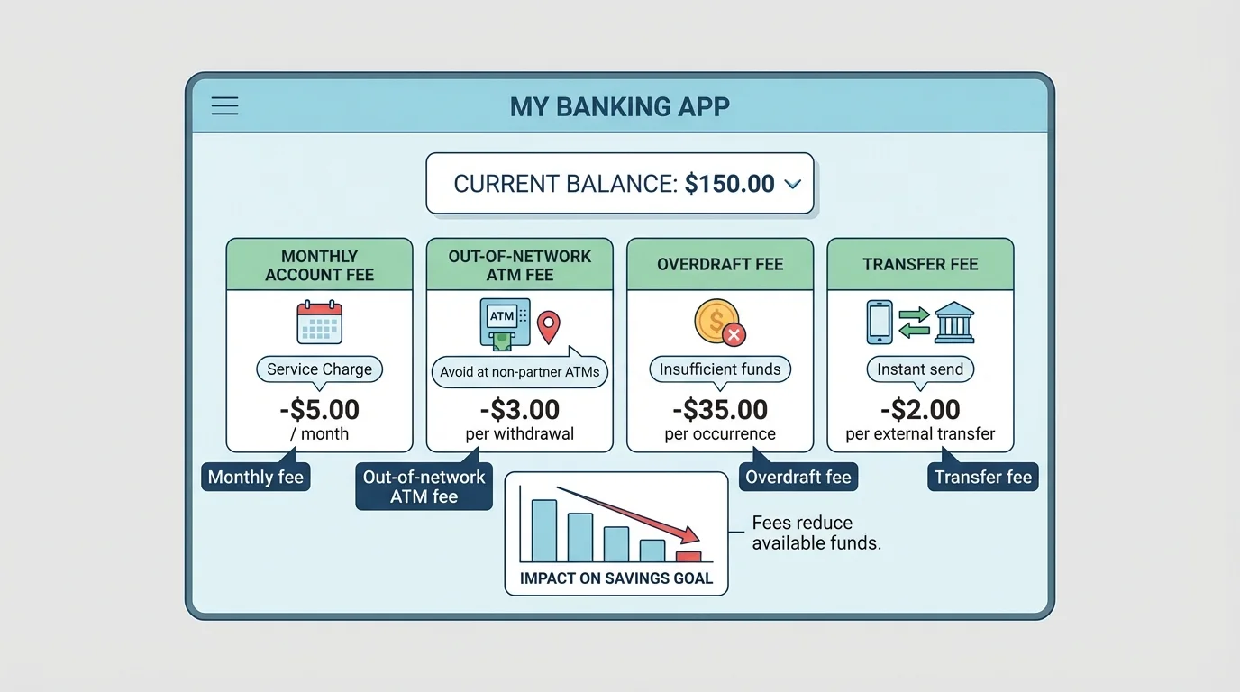 illustration of a teen banking screen with labeled examples of monthly fee, out-of-network ATM fee, overdraft fee, and transfer fee