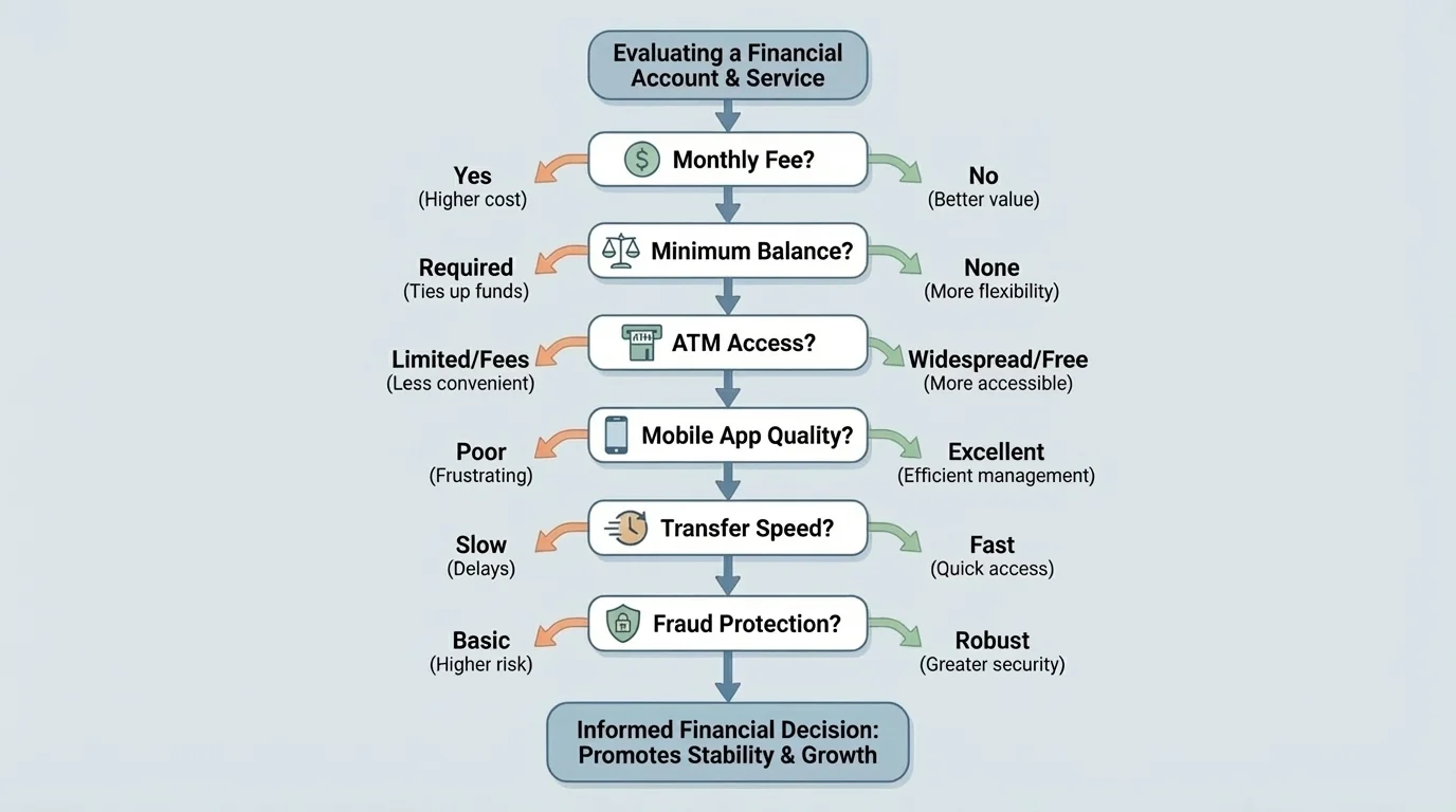 flowchart checklist asking about monthly fee, minimum balance, ATM access, mobile app quality, transfer speed, and fraud protection