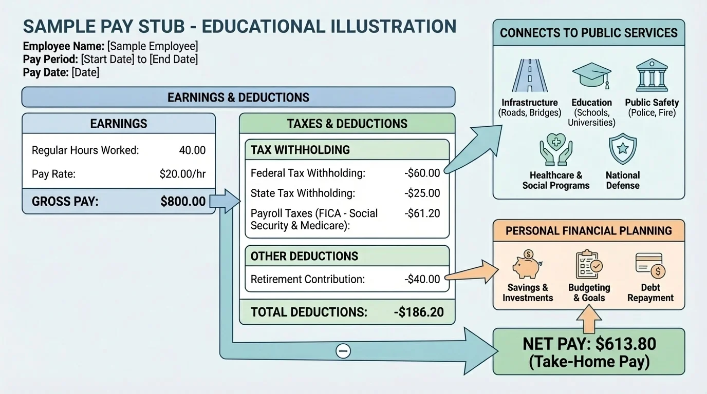 sample pay stub with labeled sections for hours worked, pay rate, gross pay, federal tax withholding, state tax withholding, payroll taxes, other deductions, and net pay