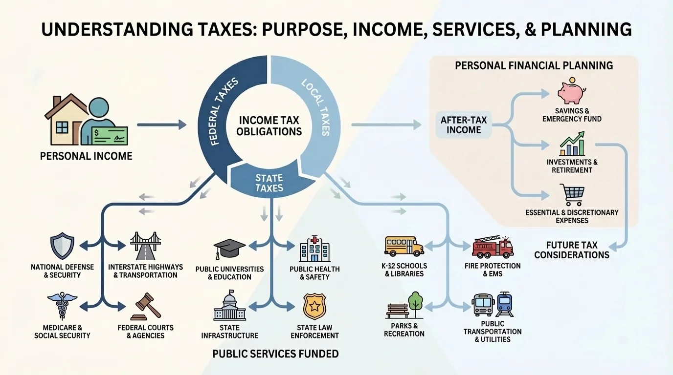 chart showing tax money flowing to roads, firefighters, libraries, public health, parks, and public transportation at federal, state, and local levels