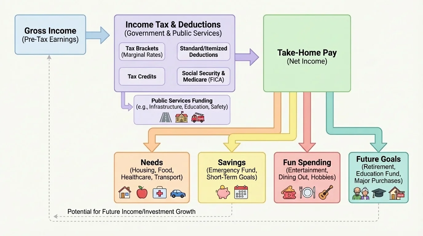 flowchart showing take-home pay flowing into four labeled branches: needs, savings, fun spending, and future goals
