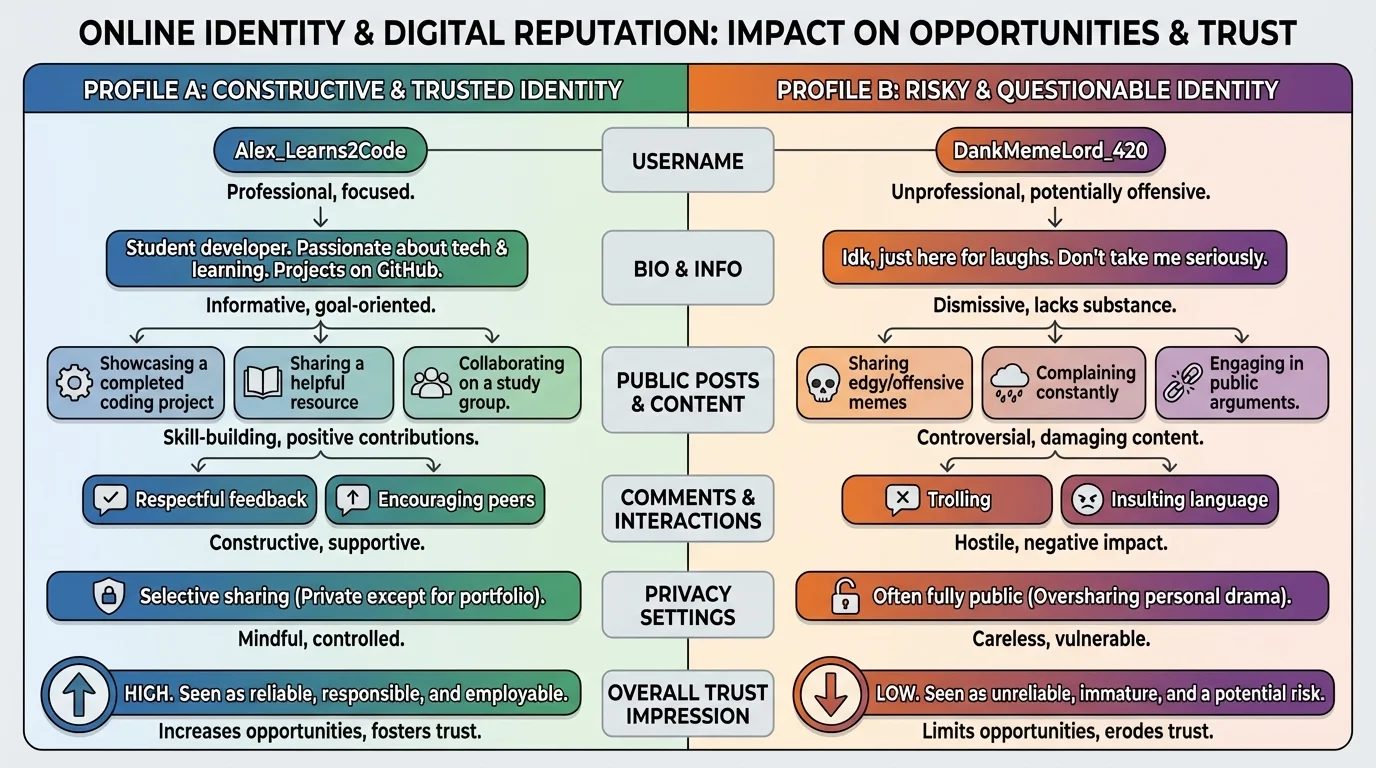 Chart comparing two fictional teen profiles with categories like username, bio, posts, comments, privacy, and overall trust impression