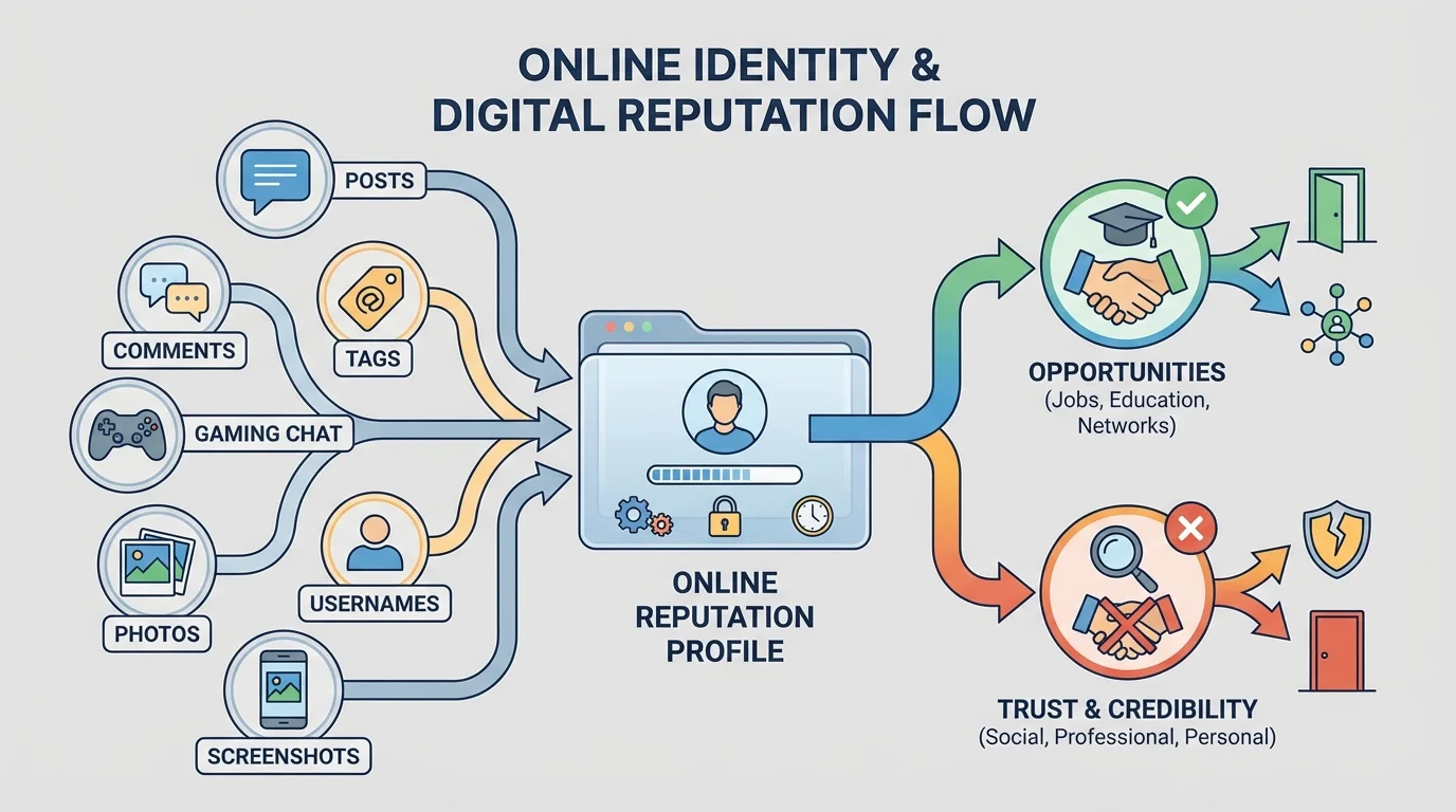 Flowchart showing posts, comments, tags, gaming chat, photos, usernames, and screenshots leading into one person's online reputation profile