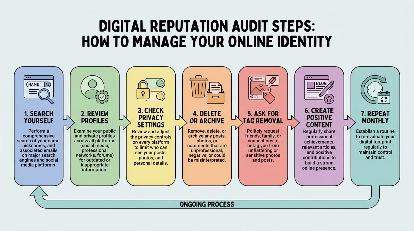 Flowchart of digital reputation audit steps: search yourself, review profiles, check privacy settings, delete or archive, ask for tag removal, create positive content, repeat monthly