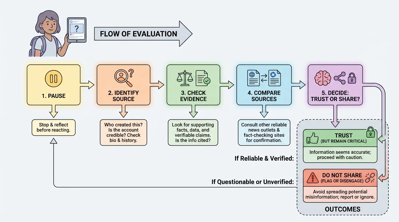 flowchart showing a student evaluating a post with steps pause, identify source, check evidence, compare sources, and decide trust or share