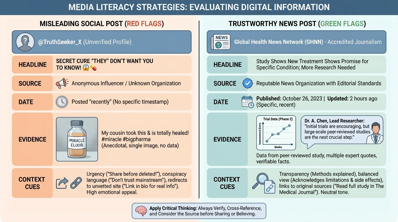 side-by-side comparison chart of a misleading social post and a trustworthy news post labeled headline, source, date, evidence, and context cues