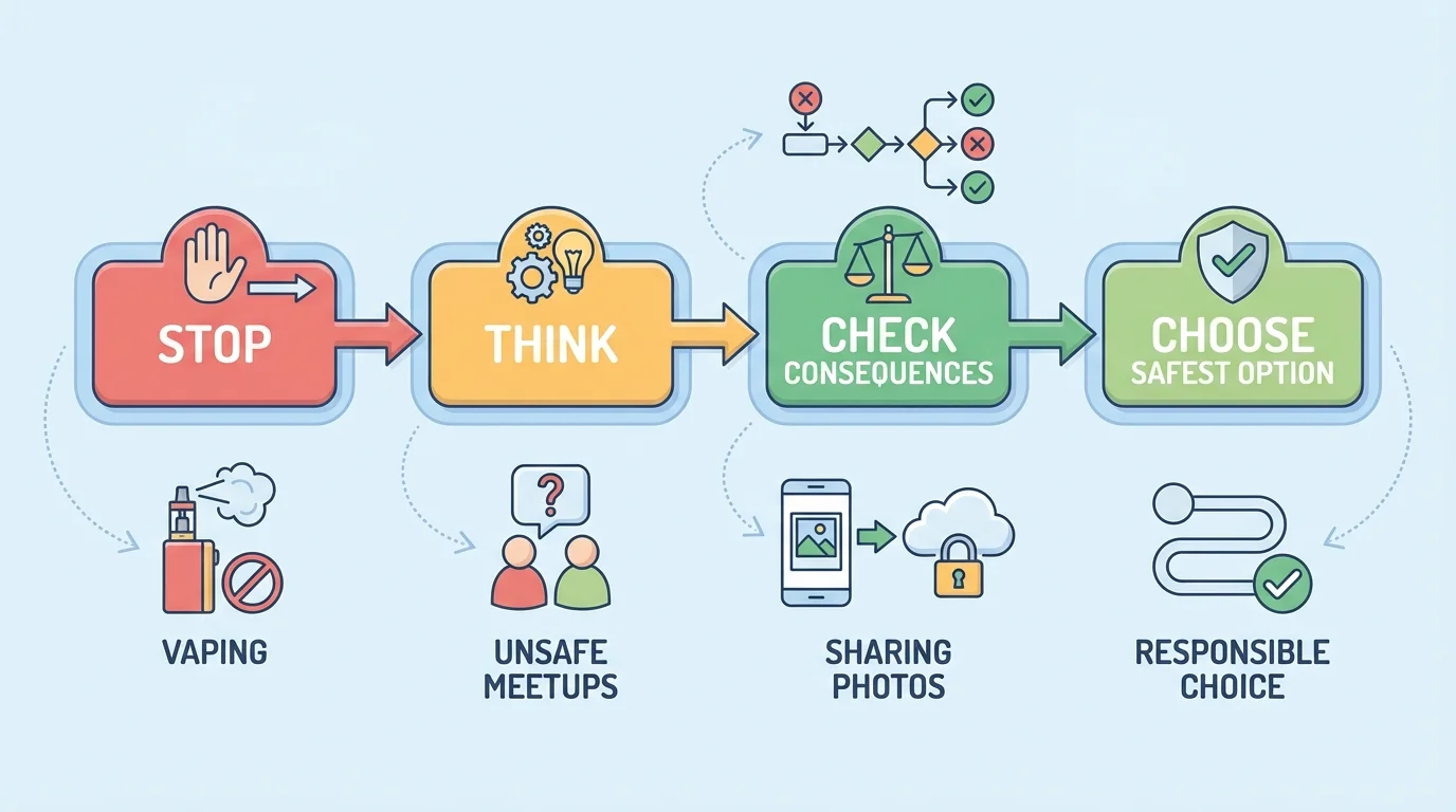 Flowchart with four steps—Stop, Think, Check consequences, Choose safest option—surrounded by examples like vaping, unsafe meetups, and sharing photos