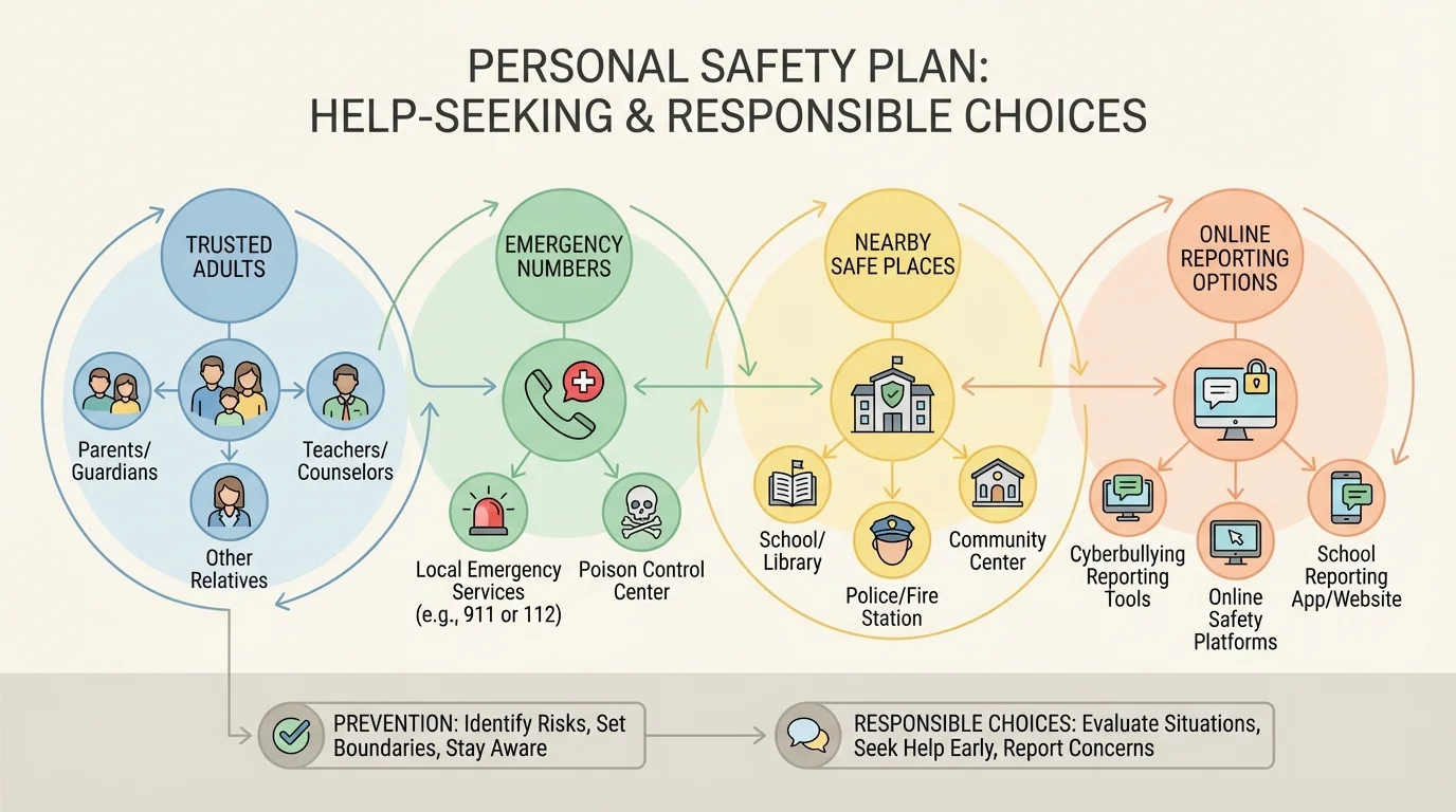 Chart showing a personal safety plan with contact circles for trusted adults, emergency numbers, nearby safe places, and online reporting options