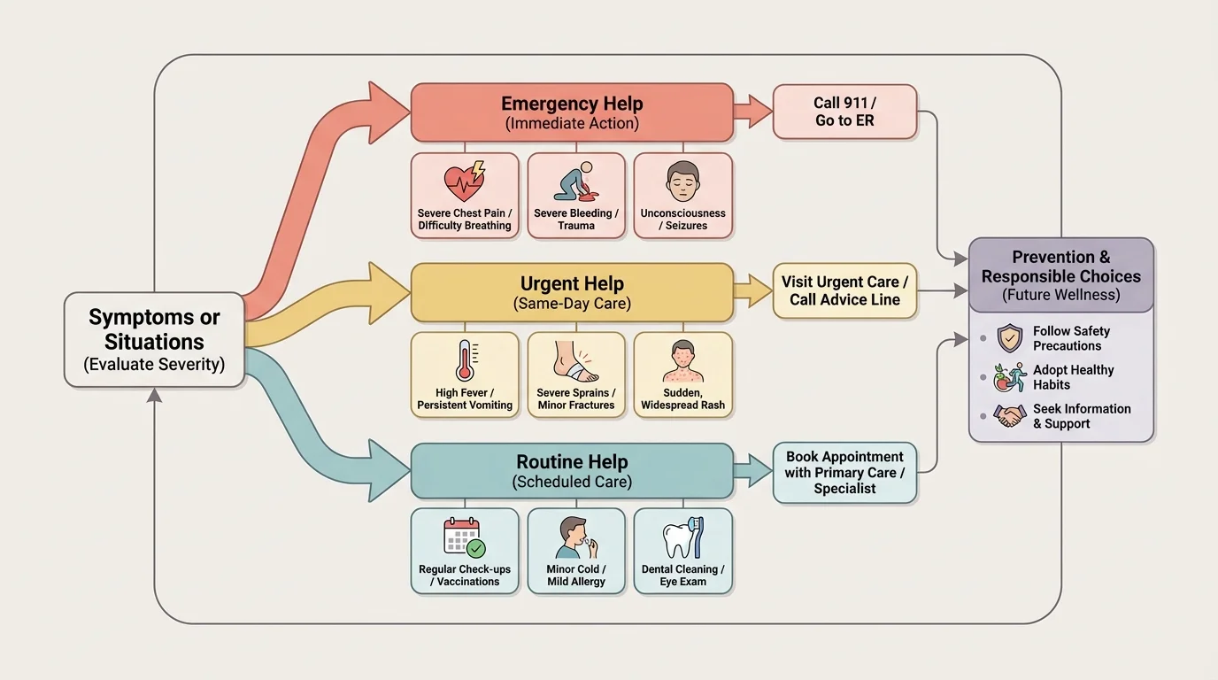 Flowchart showing symptoms or situations branching into emergency, urgent, or routine help options