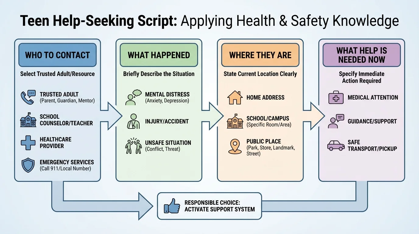 Flowchart of a teen help-seeking script with boxes for who to contact, what happened, where they are, and what help is needed now