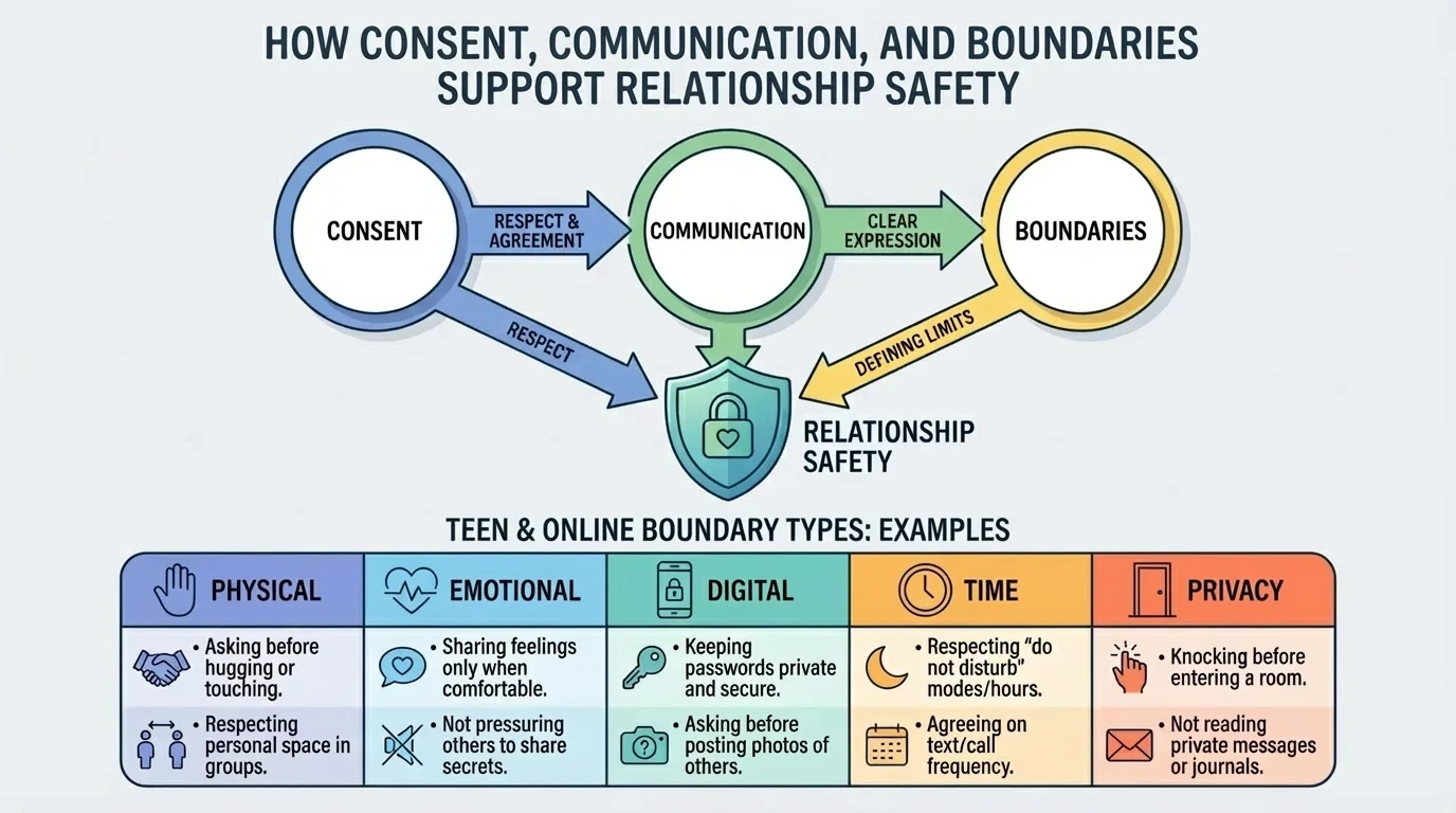Chart comparing five boundary types with simple examples: physical, emotional, digital, time, and privacy boundaries for teens and online interactions