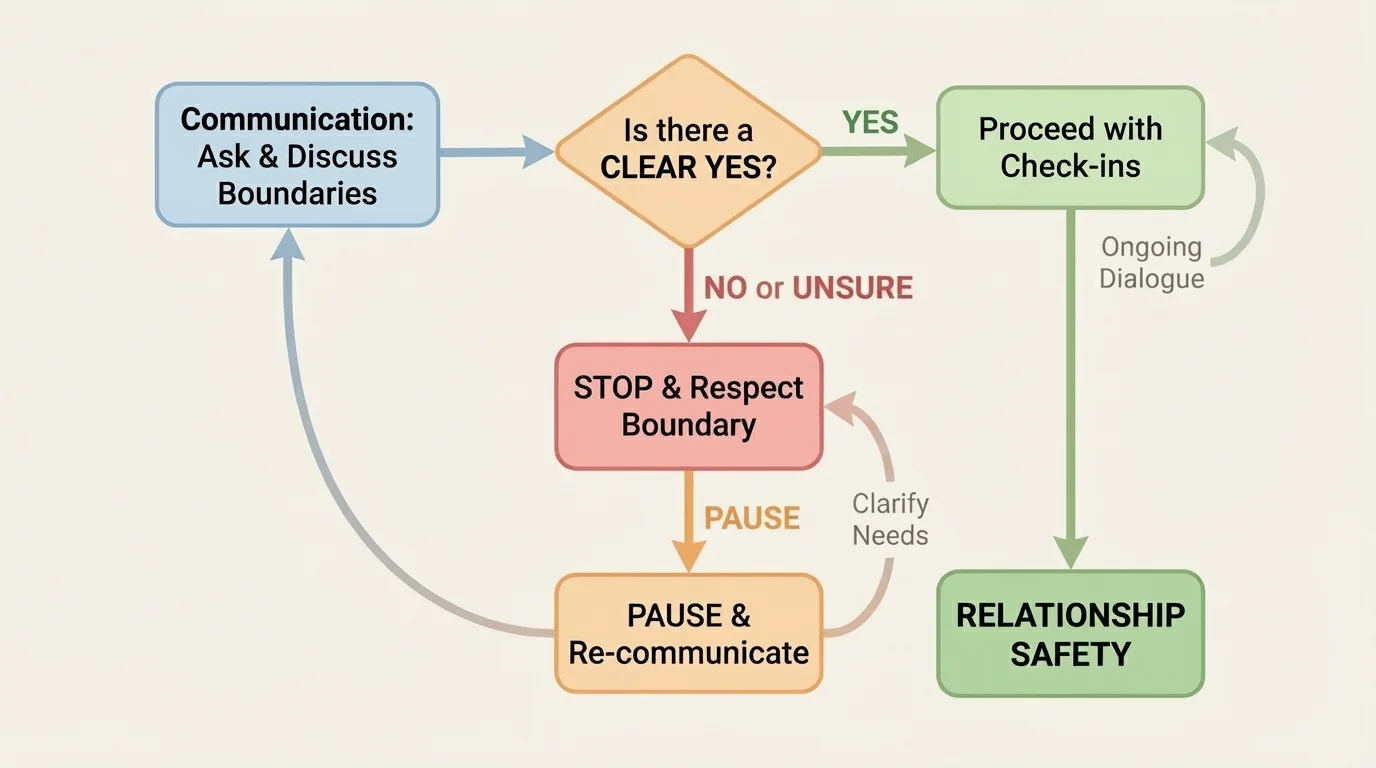 Flowchart showing consent decision points with simple boxes and arrows: ask, get a clear yes, continue checking in, pause if unsure, stop if the answer is no or changes