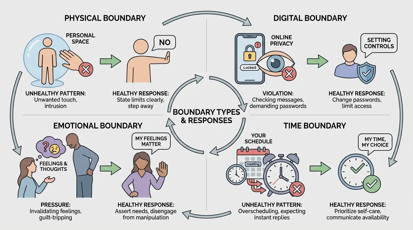 Diagram showing four boundary types—physical, emotional, digital, and time—with short example icons like locked phone, personal space bubble, calendar, and speech bubble