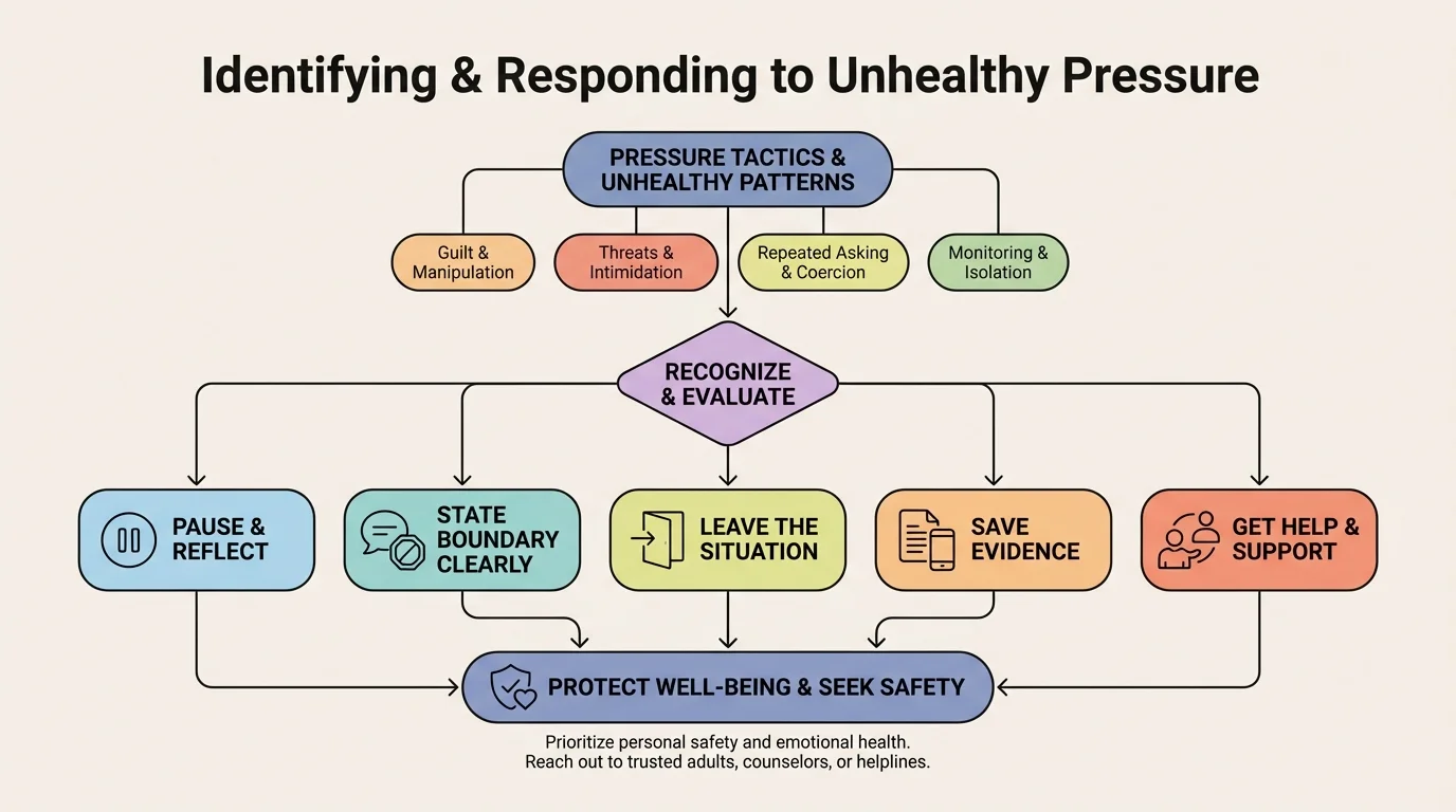 Flowchart showing pressure tactics such as guilt, threats, repeated asking, and monitoring, leading to response options like pause, state boundary, leave, save evidence, and get help