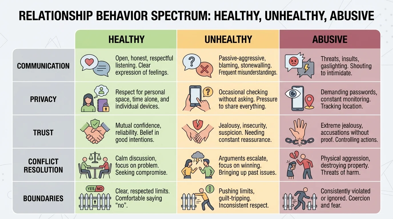 Chart comparing healthy, unhealthy, and abusive relationship behaviors in categories like communication, privacy, trust, and conflict