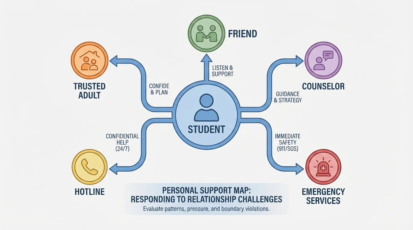 Illustration of a personal support map with student in center connected to trusted adult, friend, counselor, hotline, and emergency services