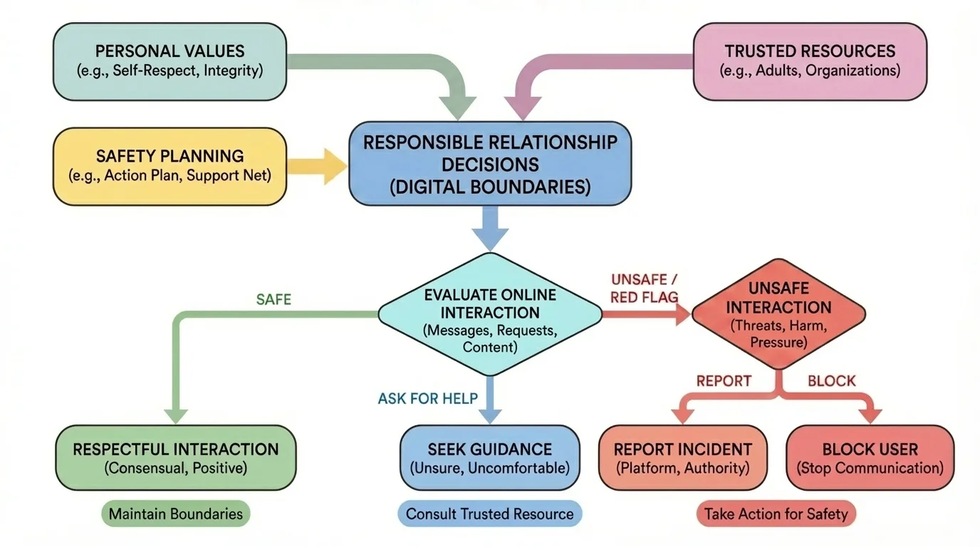 flowchart showing digital boundary decisions with branches for safe, unsafe, ask for help, block or report