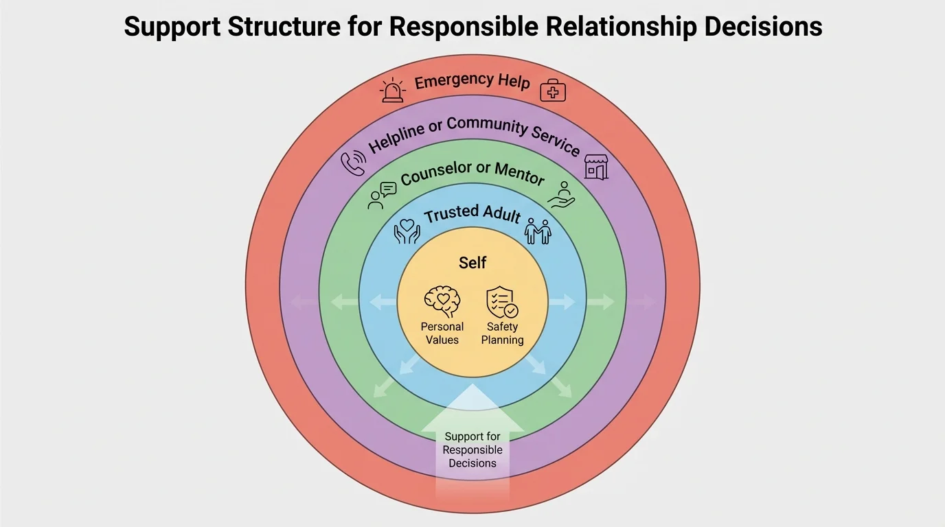 diagram with concentric circles labeled self, trusted adult, counselor or mentor, helpline or community service, emergency help