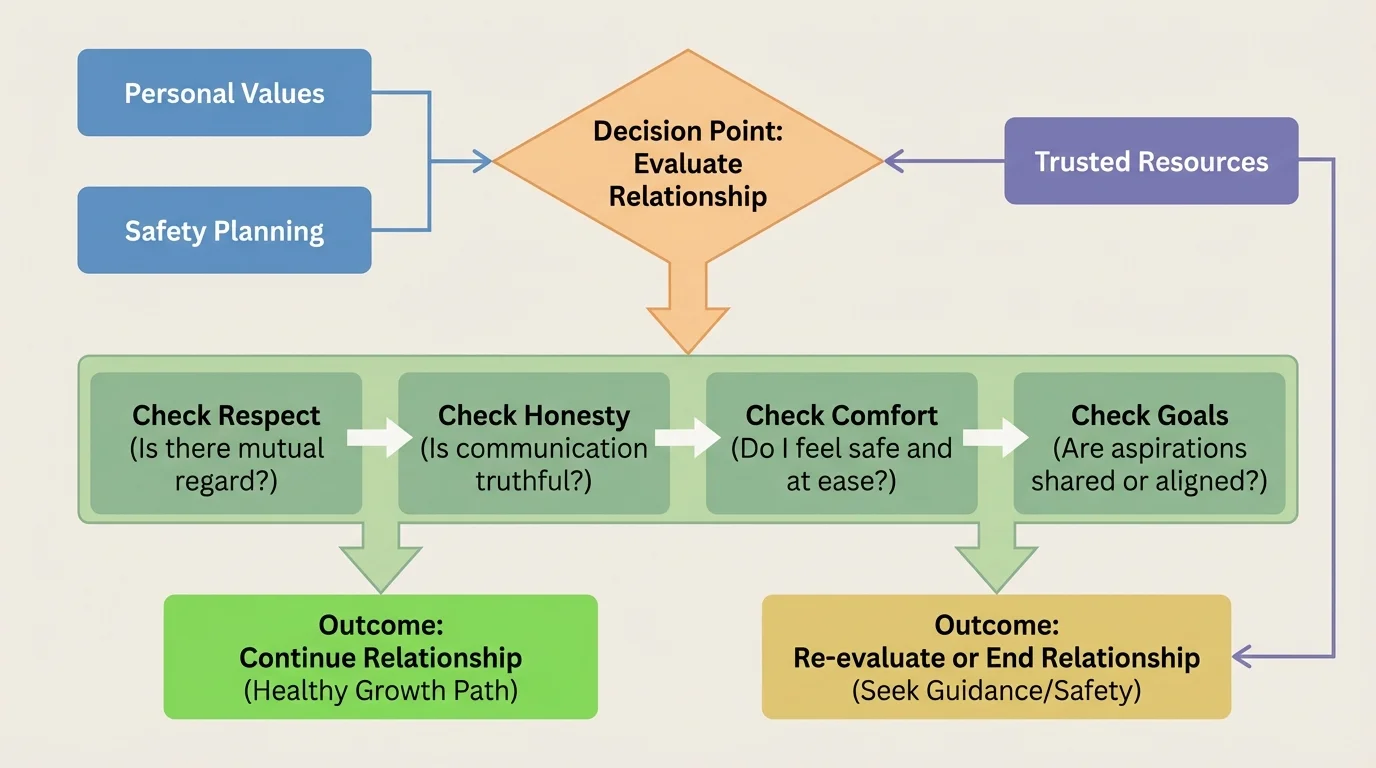flowchart showing a teen choosing whether to continue a relationship by checking respect, honesty, comfort, and goals