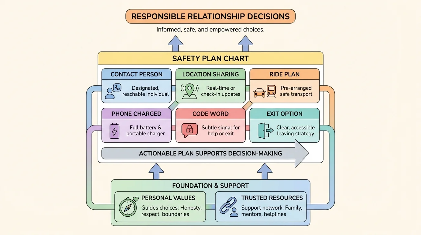 chart showing a safety plan with categories contact person, location sharing, ride plan, phone charged, code word, exit option