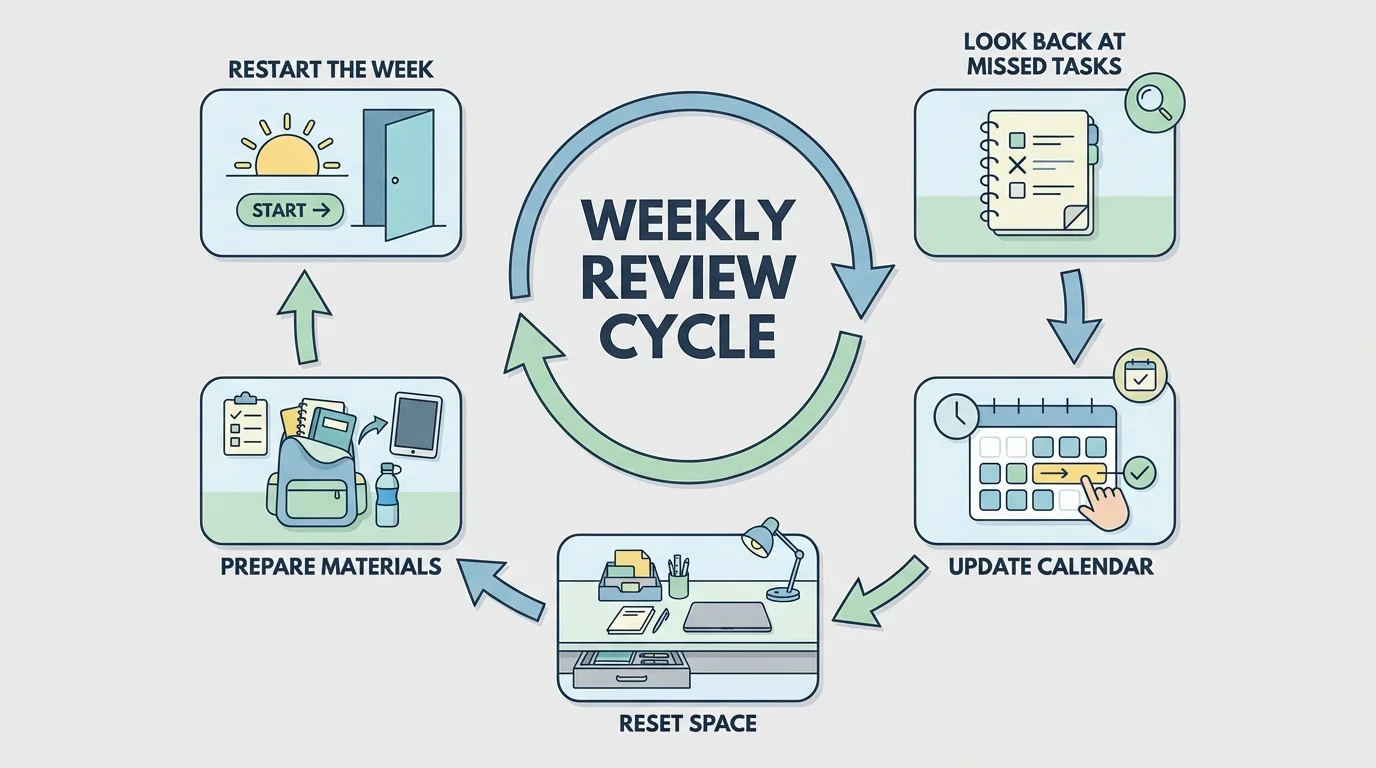 Weekly review cycle with steps: look back at missed tasks, update calendar, reset space, prepare materials, and restart the week