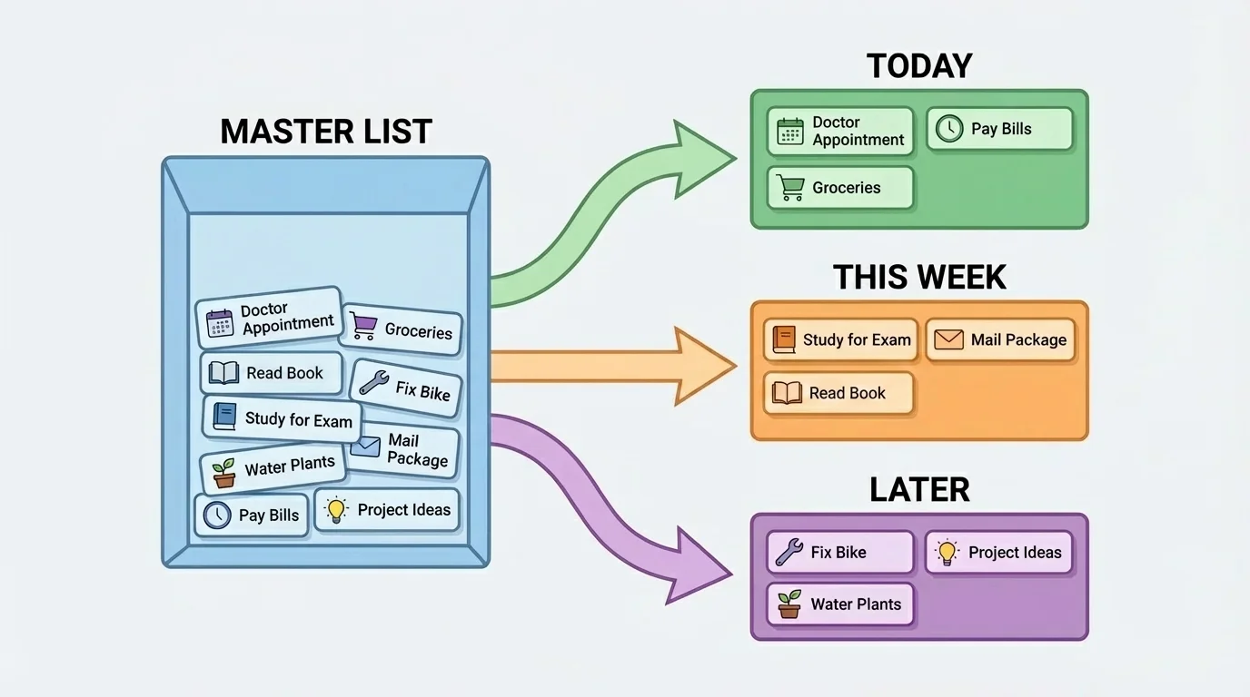 Tasks entering one master list, then being sorted into today, this week, and later categories with arrows showing the sorting process
