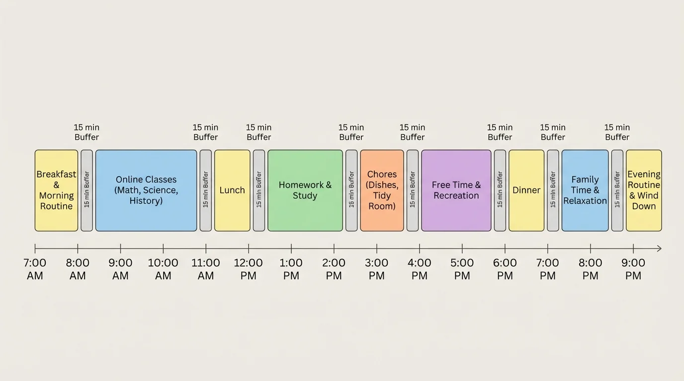 Weekday schedule with labeled blocks for online classes, homework, chores, meals, free time, and a 15-minute buffer between major tasks